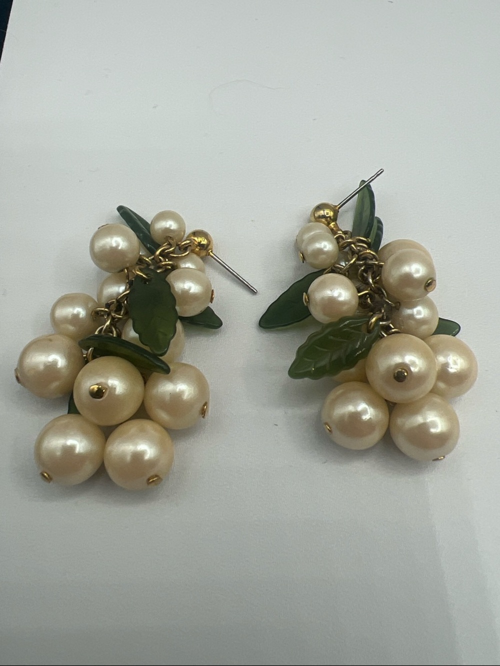 Pearl Cluster Drop Earrings with Green Leaf Accents